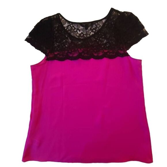 Express Womens Pink Black Lace Short Sleeve Top Small - Picture 1 of 10